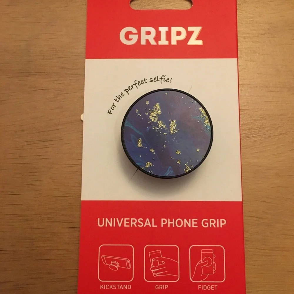 New Universal Phone Grip Blue w/Gold Sparkles Kickstand grip Fidget Pop Socket